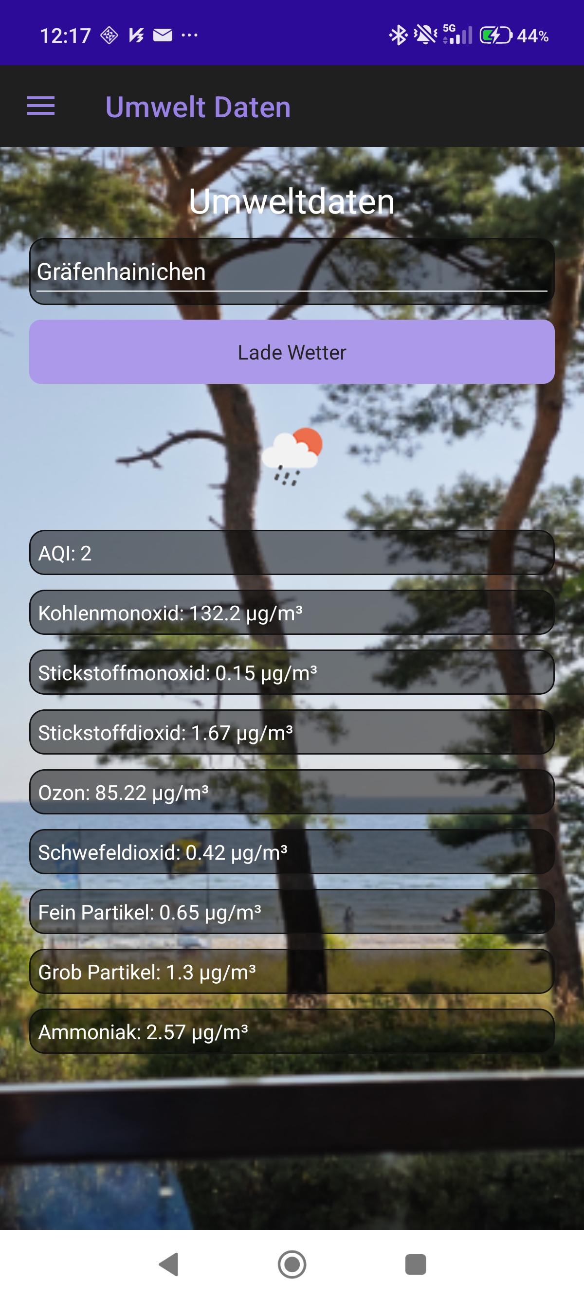 Umweltansicht der Wetter-App mit Luftqualitäts- und Schadstoffwerten