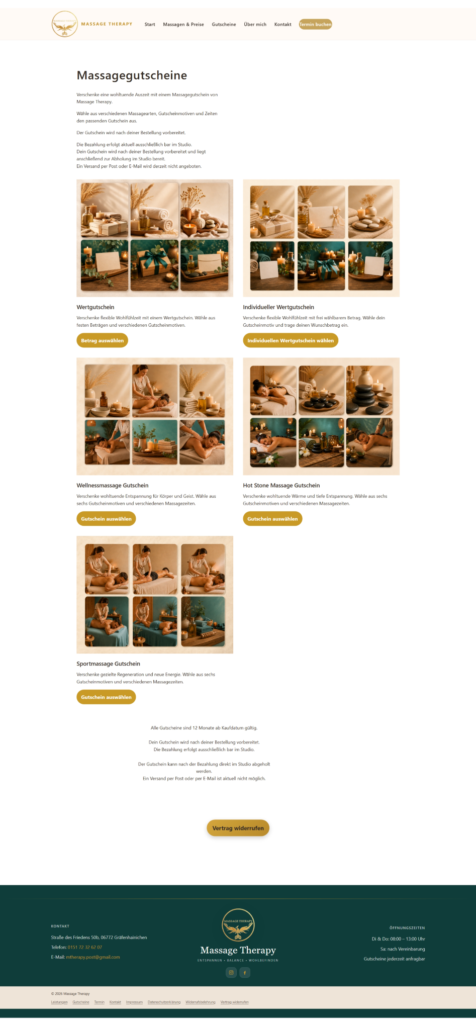 Übersicht des Gutscheinshops von Massage Therapy