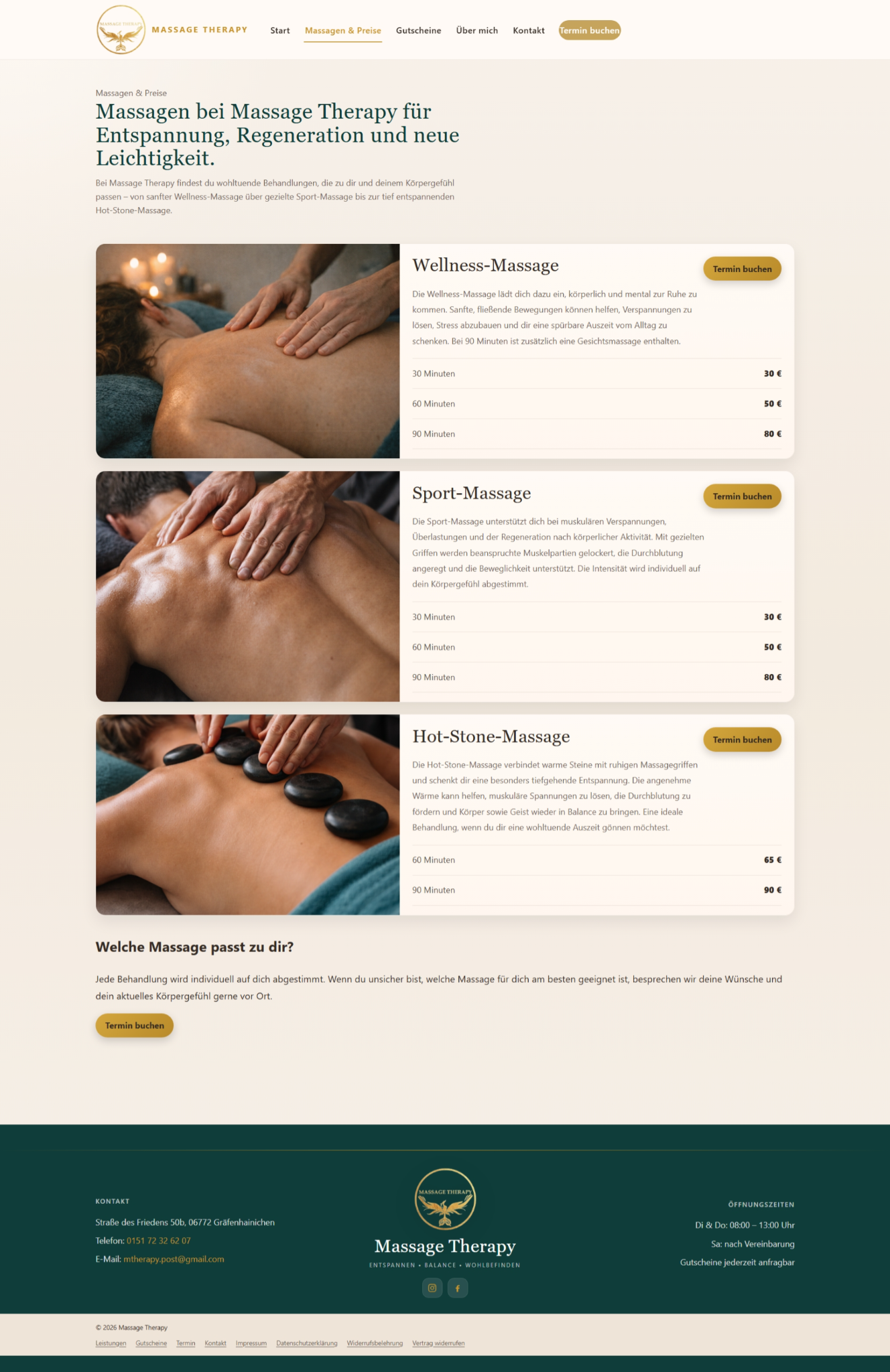 Leistungsseite der Webseite Massage Therapy