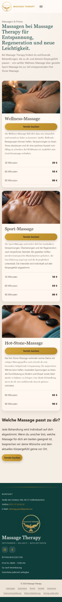 Mobile Ansicht der Leistungsseite von Massage Therapy