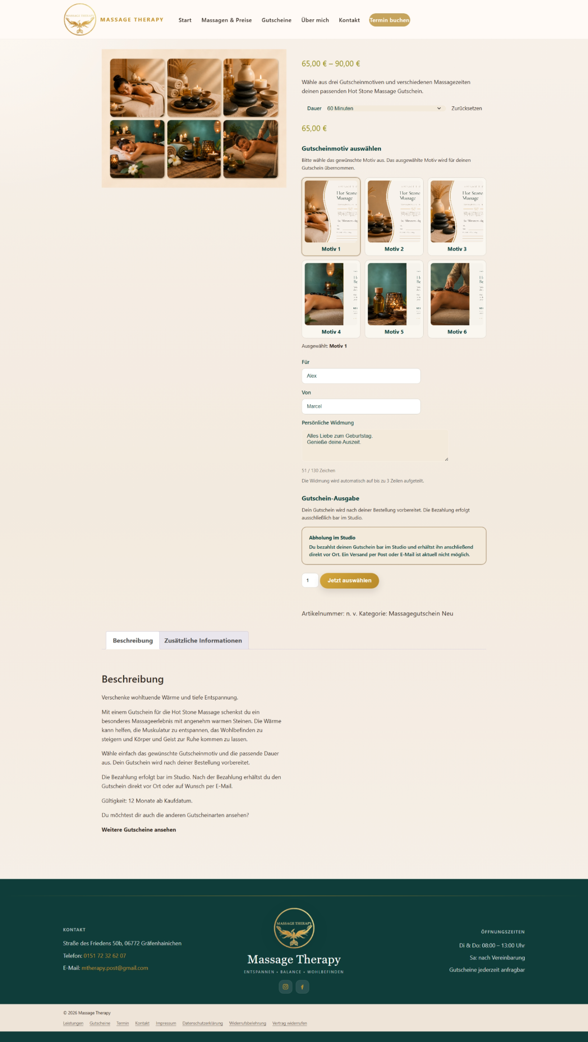 Personalisierung eines Massagegutscheins im Shop