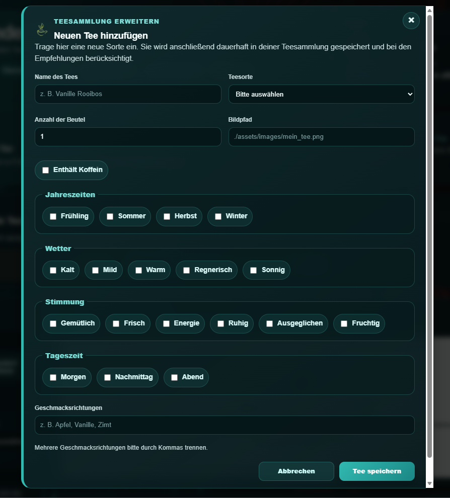 Formular des Tee-Tools zum Hinzufügen eines neuen Tees mit Eigenschaften und Bestand