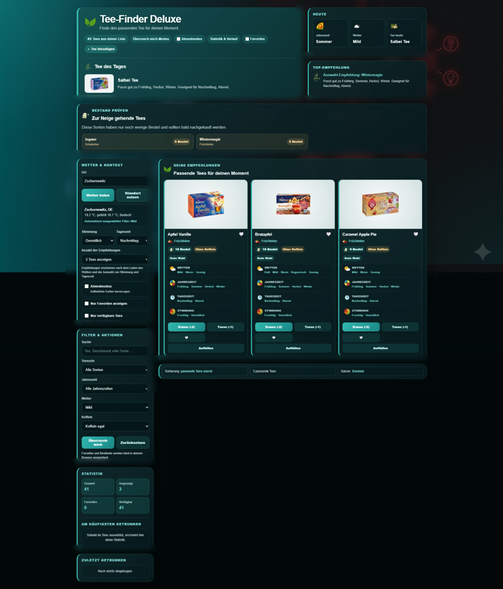 Desktop-Ansicht des Tee-Tools mit geladenen Wetterdaten und drei passenden Tee-Empfehlungen